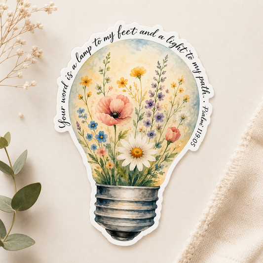 Your Word Is a Lamp to My Feet Floral Light Bulb Sticker | Psalm 119:105 Waterproof Vinyl Sticker