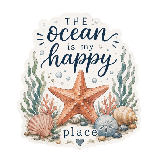 The Ocean Is My Happy Place Sea Star Vinyl Sticker – 3” Waterproof Coastal Decal
