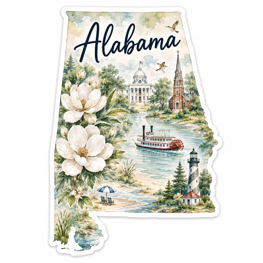 Alabama Watercolor Map Sticker |Waterproof Vinyl State Sticker | Southern Travel Souvenir Decal