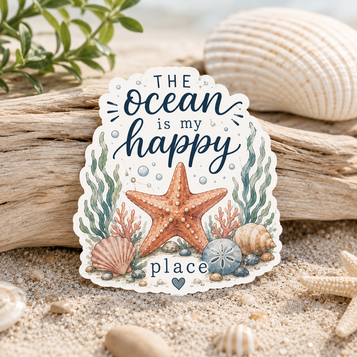 The Ocean Is My Happy Place Sea Star Vinyl Sticker – 3” Waterproof Coastal Decal