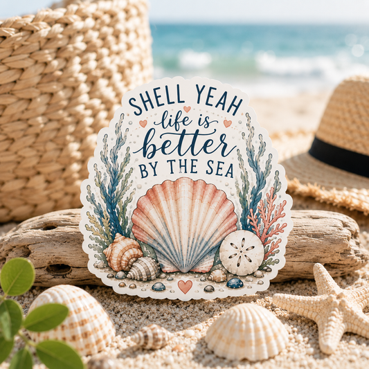 Shell Yeah! Life Is Better by the Sea Sticker | Waterproof Laminated Coastal Vinyl Sticker
