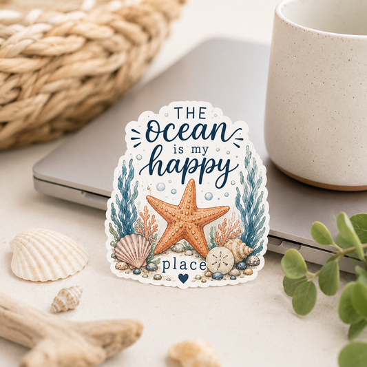 The Ocean Is My Happy Place Sea Star Vinyl Sticker – 3” Waterproof Coastal Decal