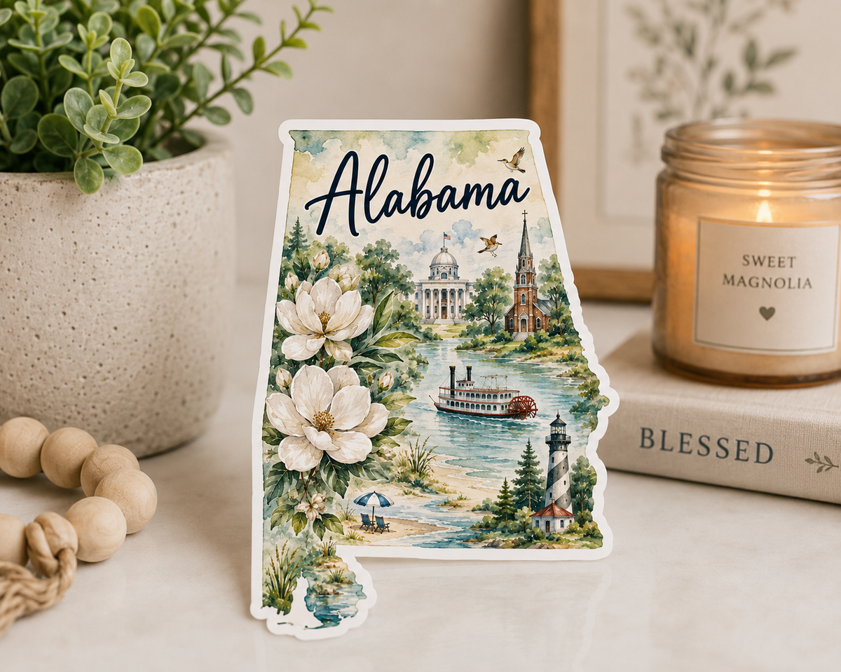 Alabama Watercolor Map Sticker |Waterproof Vinyl State Sticker | Southern Travel Souvenir Decal