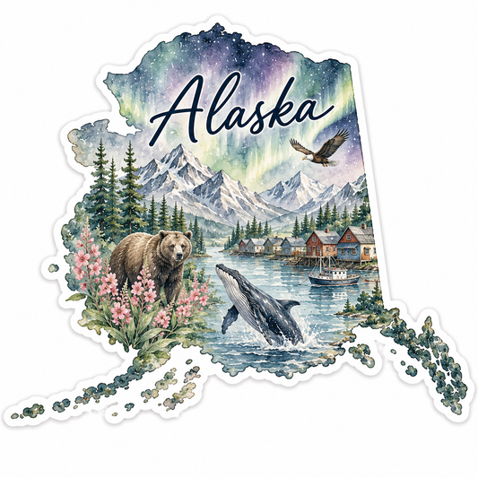 Alaska Watercolor Map Sticker |Waterproof Vinyl State Sticker | Northern Lights Travel Souvenir