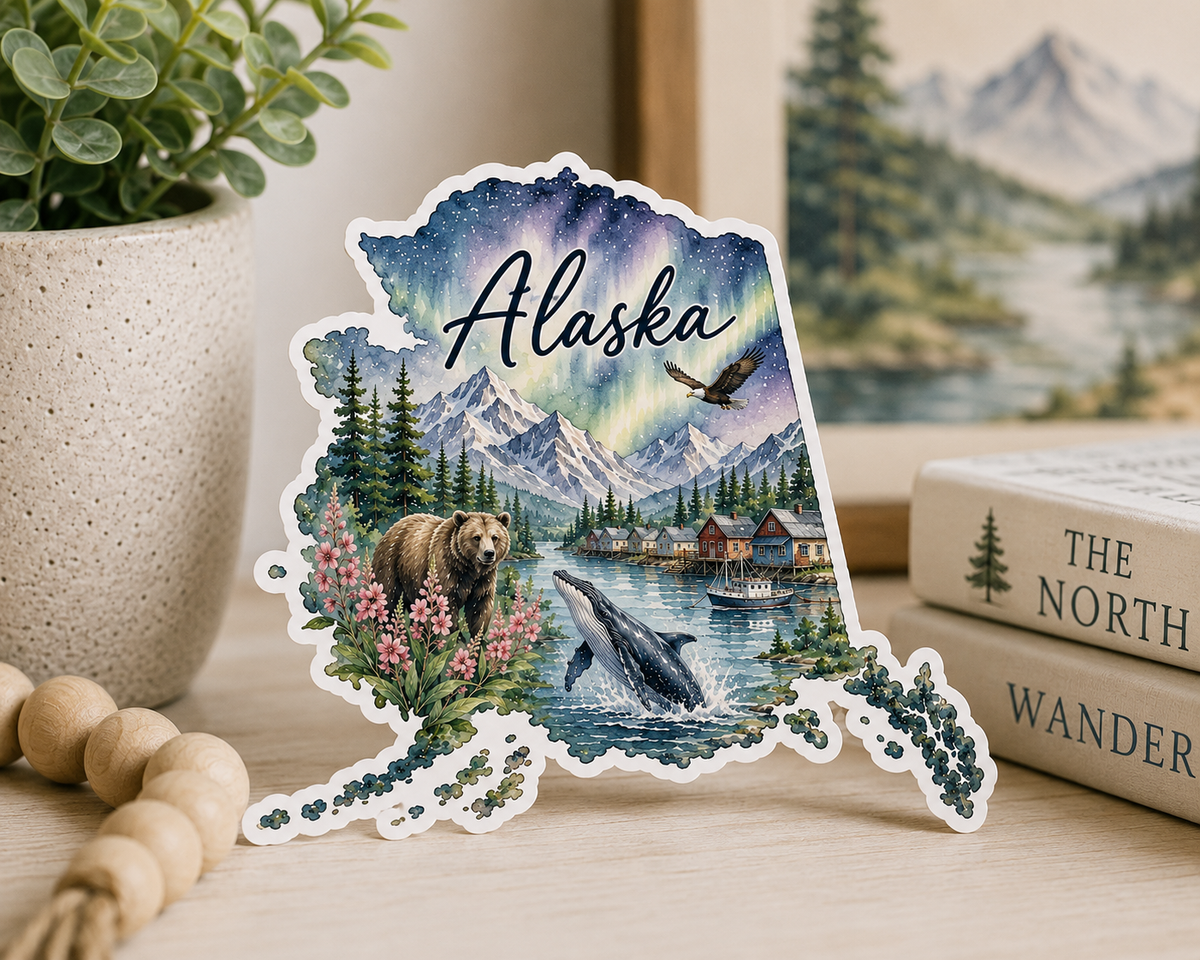 Alaska Watercolor Map Sticker |Waterproof Vinyl State Sticker | Northern Lights Travel Souvenir